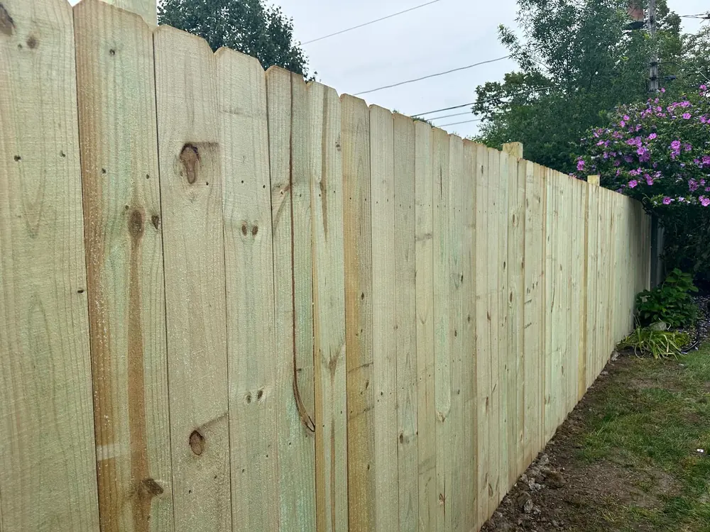 New wood privacy fence beside flowering shrubs in Buffalo, NY