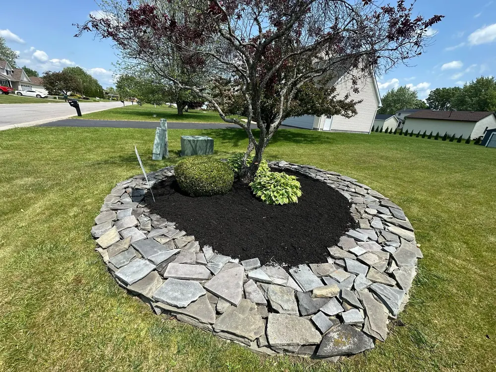 Boulder-edged planting bed with an ornamental tree in Buffalo, NY
