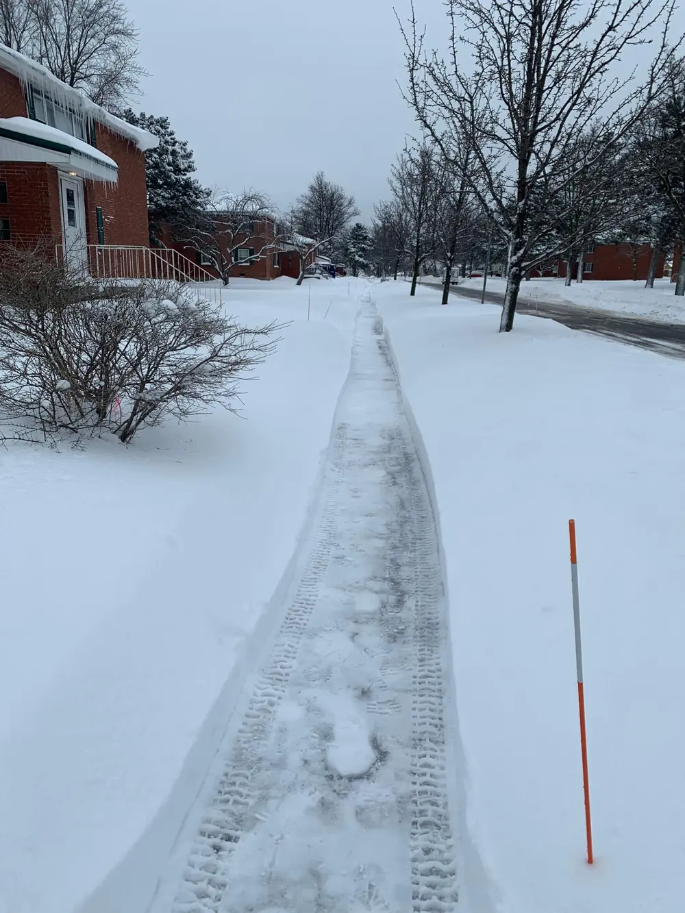 Sidewalk shoveled past an apartment building in Buffalo, NY